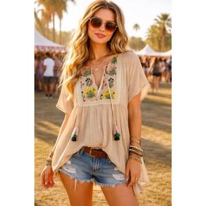 re:named S Blouse Boho Embroidered Floral Gauze Tassel Tie Beige Boho Coastal